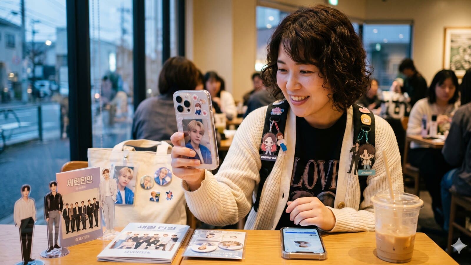 推し活グッズを並べたカフェでスマートフォンを見る女性