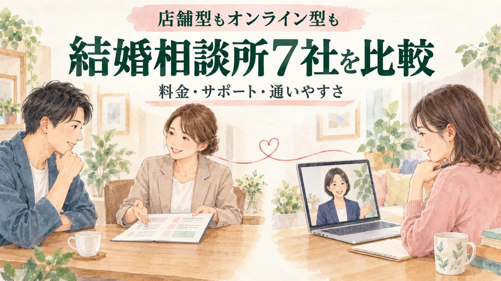 結婚相談所7社を料金・サポート・通いやすさで比較する、対面相談とオンライン相談のイラスト