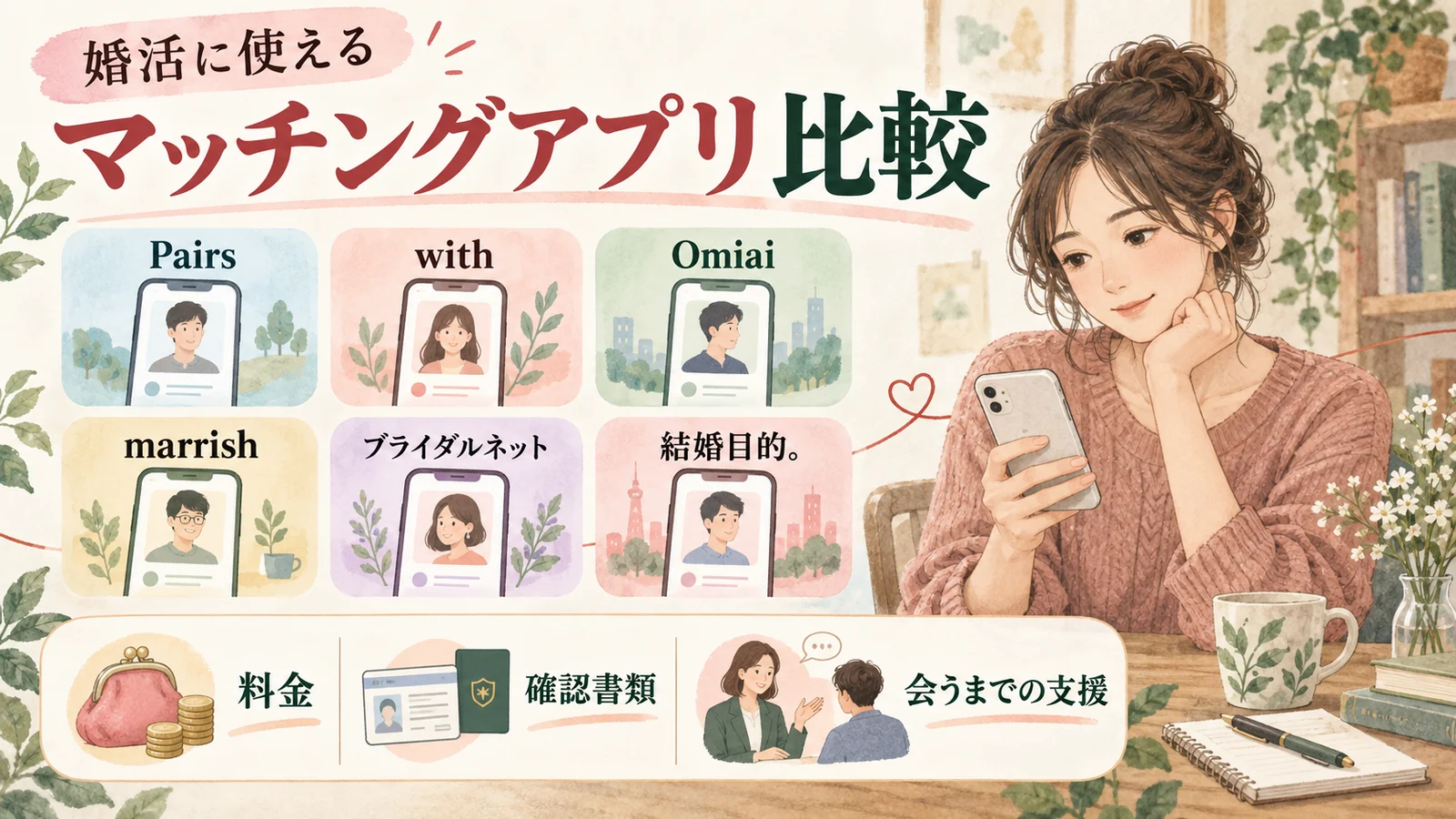 婚活に使える6サービスを料金・確認書類・会うまでの支援で比較するイラスト